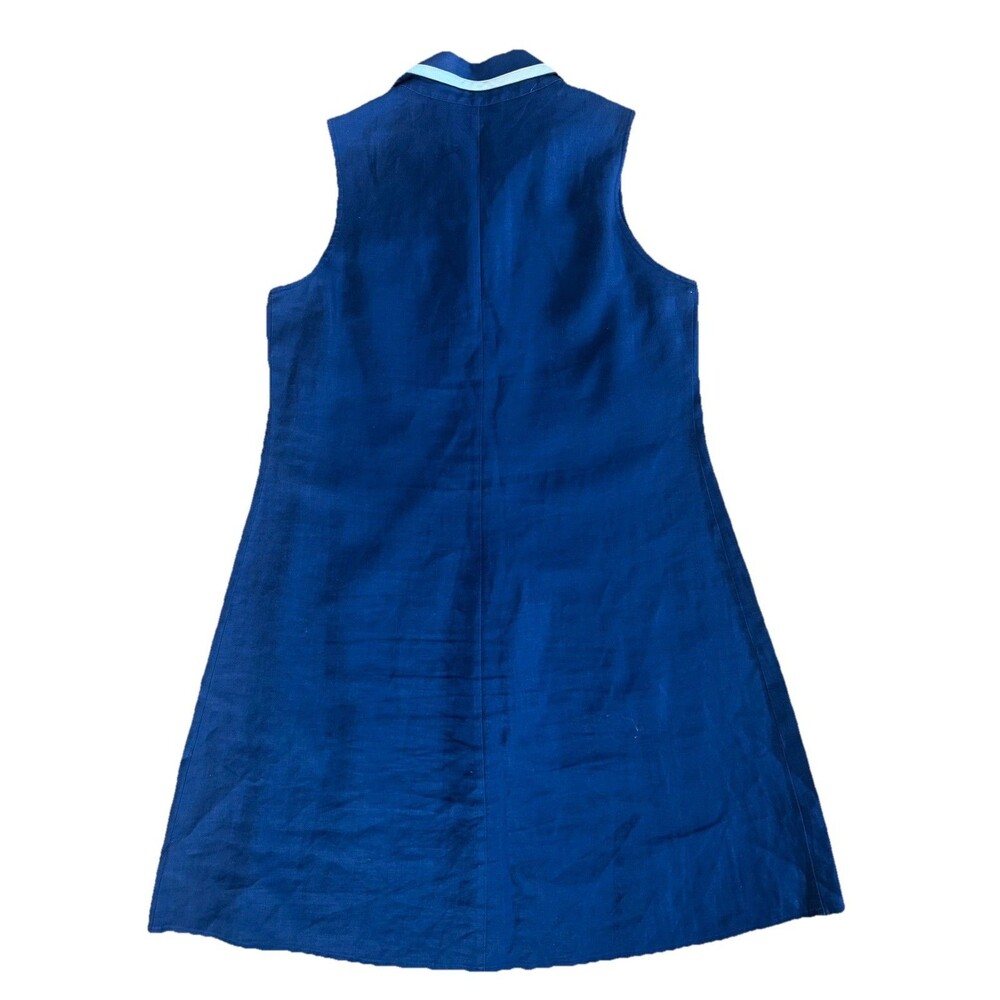 Limited 100% Linen Sleeveless Shirt Dress Navy Blue Small Collared Midi Button - Picture 3 of 8